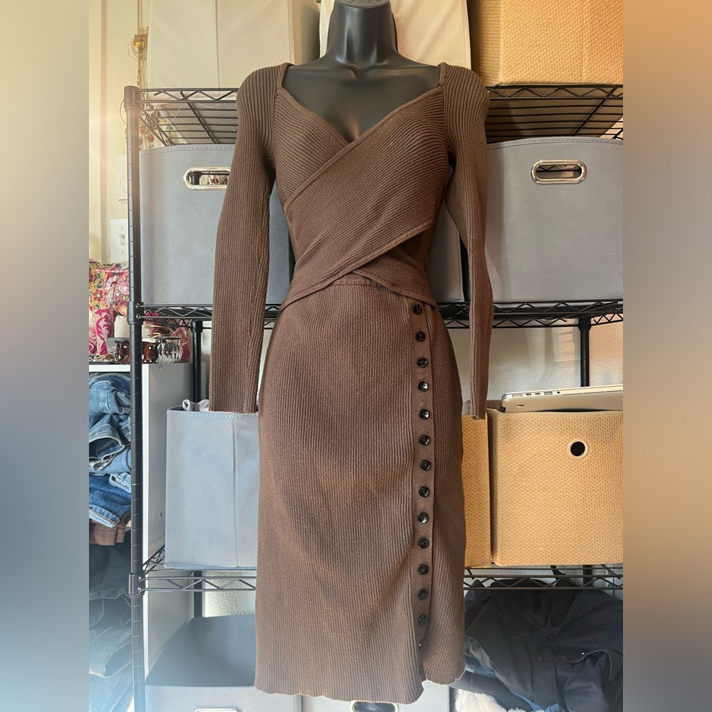 Women's Brown Ribbed Wrap Midi Dress - Elegant knit style